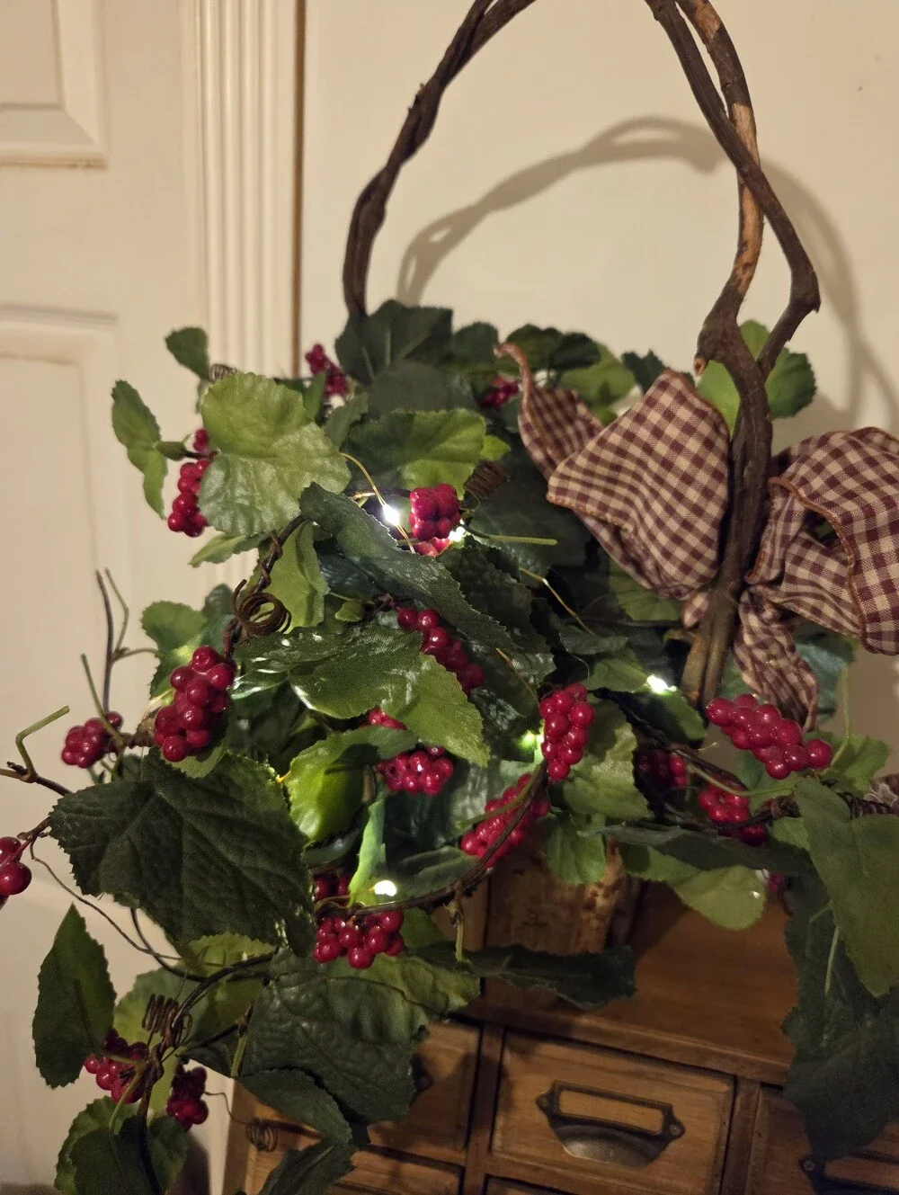 Decorative Red Berry and Greenery Basket Accent With Mini Lights BO